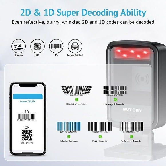 Butory 1D 2D QR Barcode Scanner Hands Free Automatic Bar Code Scaner Omnidirecti - Picture 4 of 8